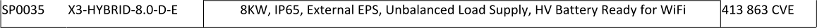 SP0035 X3-HYBRID-8.0-D-E 8KW, IP65, External EPS, Unbalanced Load Supply, HV Battery Ready for WiFi 413 863 CVE